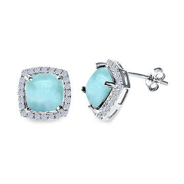 Cushion Cut Stud Earrings Natural Larimar 925 Sterling Silver